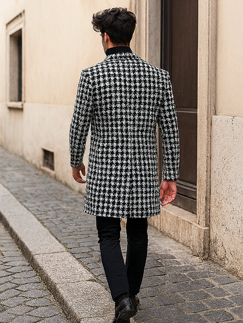 Mens Plaid Overcoat - Hounstooth Checker Pattern Black Topcoat
