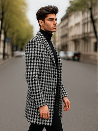 Mens Plaid Overcoat - Hounstooth Checker Pattern Black Topcoat