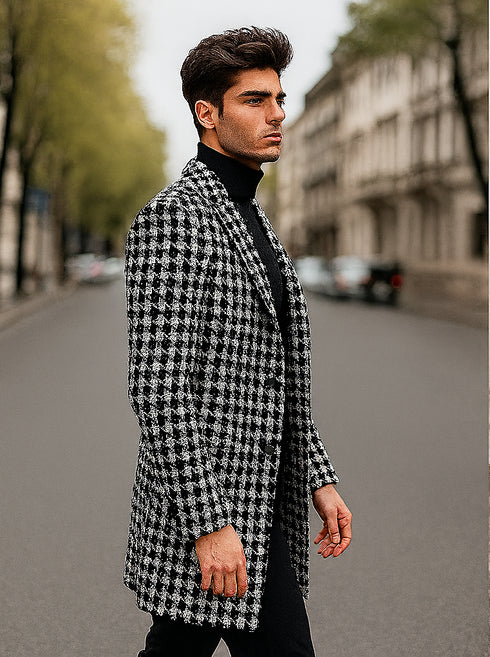 Mens Plaid Overcoat - Hounstooth Checker Pattern Black Topcoat