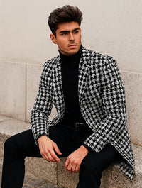 Mens Plaid Overcoat - Hounstooth Checker Pattern Black Topcoat