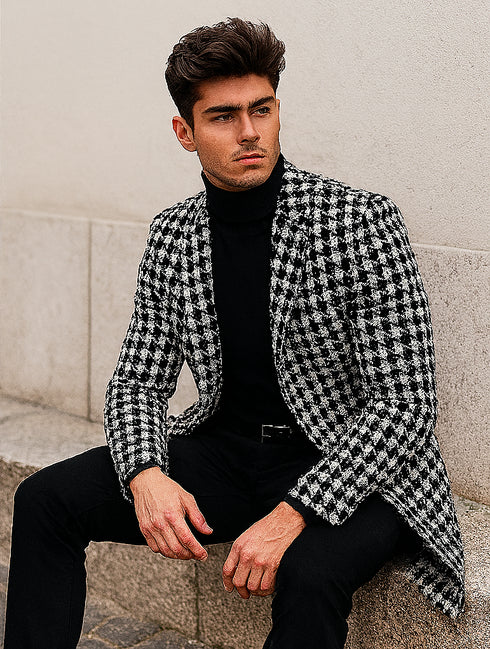 Mens Plaid Overcoat - Hounstooth Checker Pattern Black Topcoat