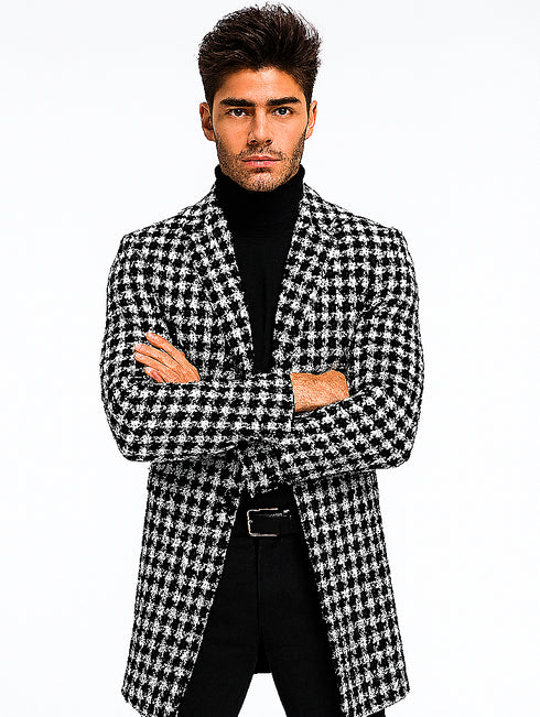 Mens Plaid Overcoat - Hounstooth Checker Pattern Black Topcoat