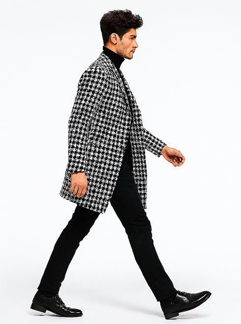 Mens Plaid Overcoat - Hounstooth Checker Pattern Black Topcoat