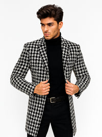 Mens Plaid Overcoat - Hounstooth Checker Pattern Black Topcoat