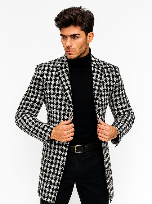 Mens Plaid Overcoat - Hounstooth Checker Pattern Black Topcoat