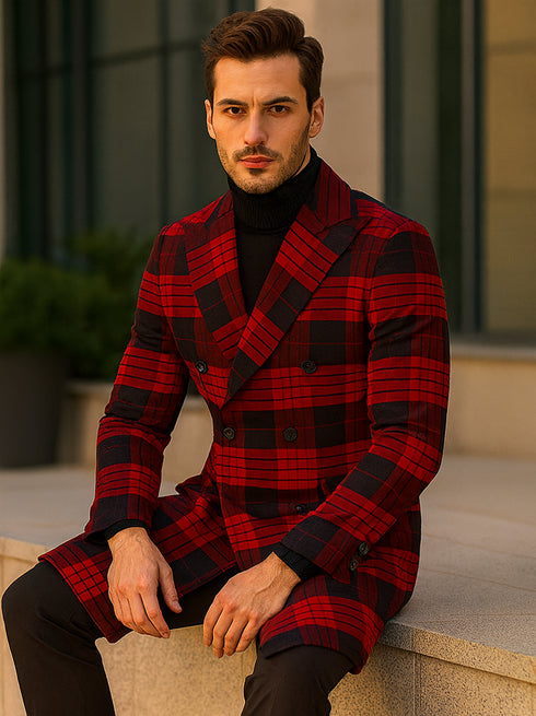 Mens Plaid Overcoat - Wool Peacoat - Plaid Topcoats Red ~ Black