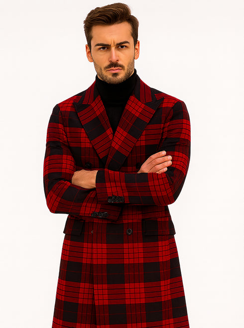 Mens Plaid Overcoat - Wool Peacoat - Plaid Topcoats Red ~ Black
