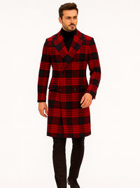 Mens Plaid Overcoat - Wool Peacoat - Plaid Topcoats Red ~ Black