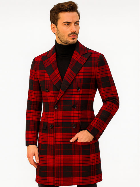 Mens Plaid Overcoat - Wool Peacoat - Plaid Topcoats Red ~ Black