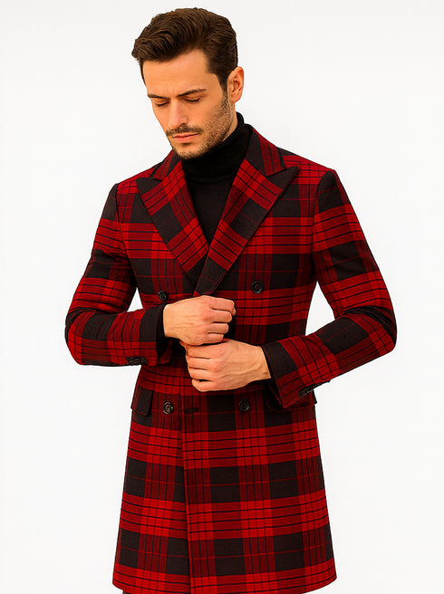 Mens Plaid Overcoat - Wool Peacoat - Plaid Topcoats Red ~ Black