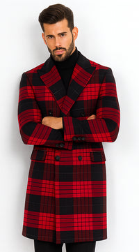 Mens Plaid Overcoat - Wool Peacoat - Red Plaid Topcoats