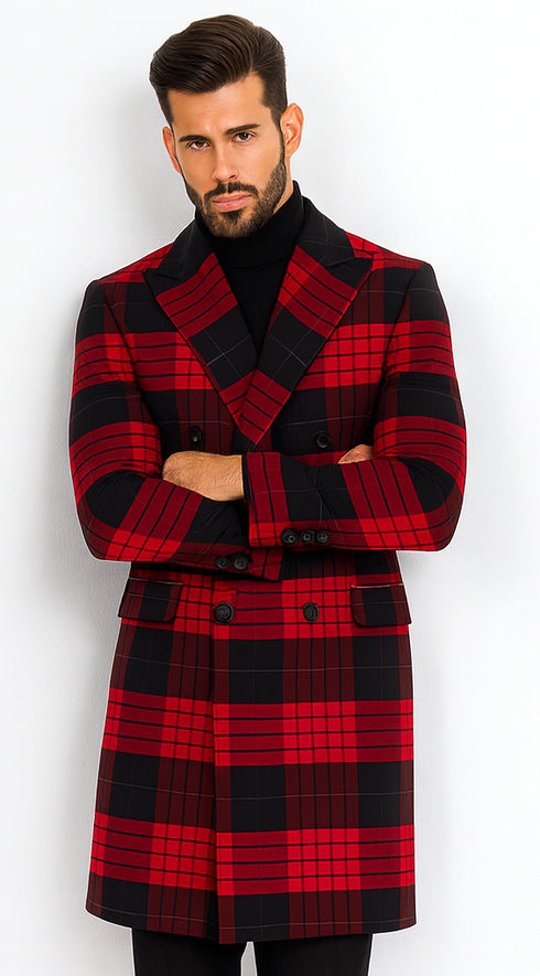 Mens Plaid Overcoat - Wool Peacoat - Red Plaid Topcoats
