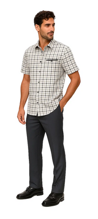 Mens Plaid Walking Suit in Grey by Dreams by Zacchi – 2 Piece Leisure Outfit with Matching Shirt and Pants - $99