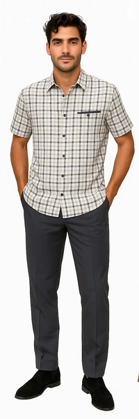 Mens Plaid Walking Suit in Grey by Dreams by Zacchi – 2 Piece Leisure Outfit with Matching Shirt and Pants - $99