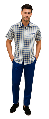 Mens Plaid Walking Suit in royal by Dreams Zacchi – 2 Piece Leisure Outfit with Matching Shirt- and pant -$99