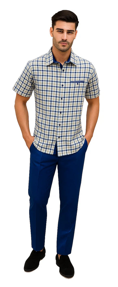 Mens Plaid Walking Suit in royal by Dreams Zacchi – 2 Piece Leisure Outfit with Matching Shirt- and pant -$99