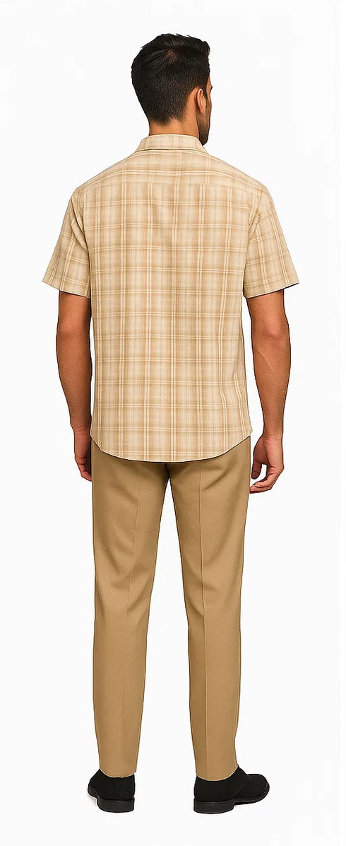 Mens Plaid Walking Suit in Tan by Dreams by Zacchi – 2 Piece Leisure Outfit with Matching Shirt and pant -$99