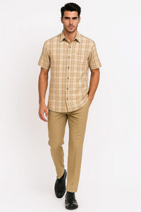 Mens Plaid Walking Suit in Tan by Dreams by Zacchi – 2 Piece Leisure Outfit with Matching Shirt and pant -$99