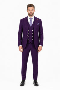 Men's Plum Statement Ticket Pocket Peak Lapel Wool Double Breasted Vest Suit with Silver Buttons – Modern Fit