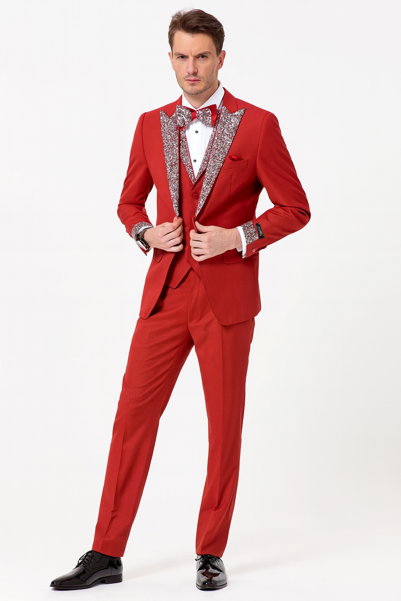 Men's Red And White Lapel Three-Piece Tuxedo with Sequin Lapel and Mat –  OvercoatUSA