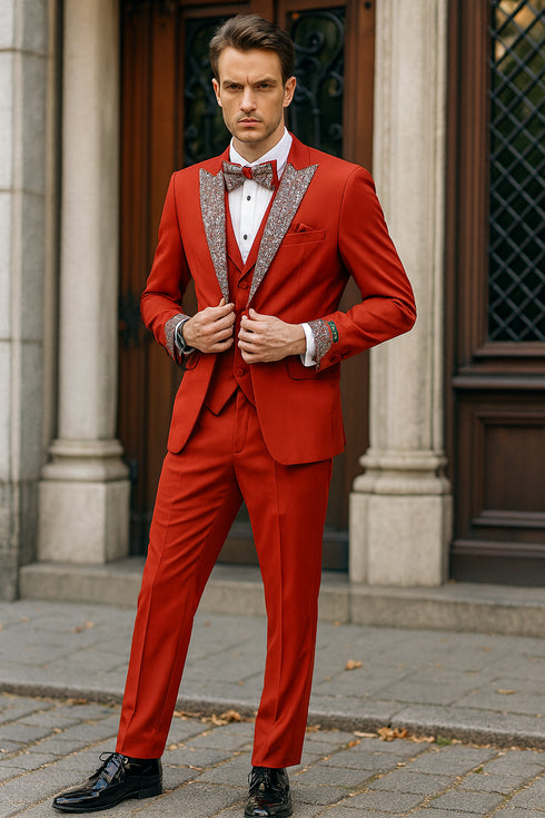 Men’s Red And White Lapel Three-Piece Tuxedo with Sequin Lapel and Matching Bow Tie - Chirstmas Suit