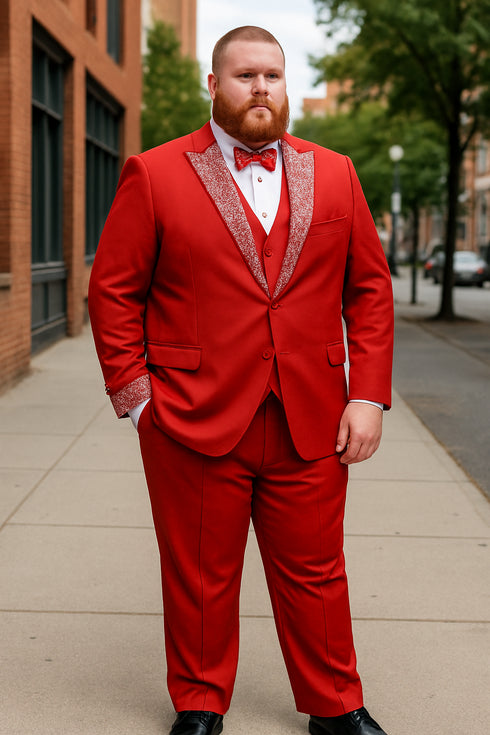 Men’s Red And White Lapel Three-Piece Tuxedo with Sequin Lapel and Matching Bow Tie - Chirstmas Suit