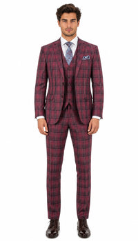 Mens Red Burgundy Plaid 3-Piece Suit – Classic Checkered Modern Fit Suit for Weddings, Church and Formal Events
