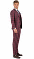 Mens Red Burgundy Plaid 3-Piece Suit – Classic Checkered Modern Fit Suit for Weddings, Church and Formal Events