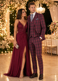 Mens Red Burgundy Plaid 3-Piece Suit – Classic Checkered Modern Fit Suit for Weddings, Church and Formal Events