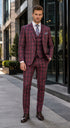 Mens Red Burgundy Plaid 3-Piece Suit – Classic Checkered Modern Fit Suit for Weddings, Church and Formal Events