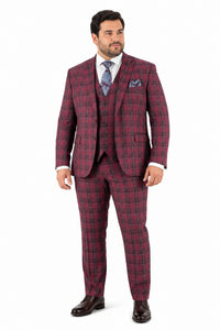 Mens Red Burgundy Plaid 3-Piece Suit – Classic Checkered Modern Fit Suit for Weddings, Church and Formal Events