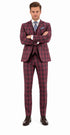 Mens Red Burgundy Plaid 3-Piece Suit – Classic Checkered Modern Fit Suit for Weddings, Church and Formal Events