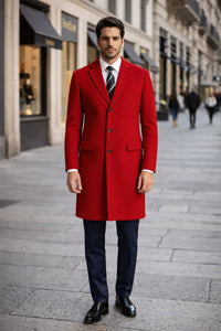 Mens Red Pea Coat-Three Quarter Wool Car Coat