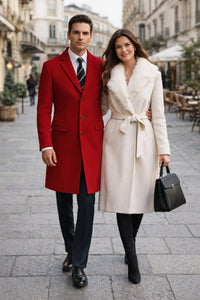 Mens Red Pea Coat-Three Quarter Wool Car Coat