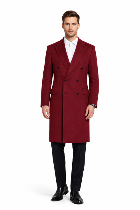 Mens Full Length Wool and Cashmere Overcoat - Winter Topcoats - Red Coat