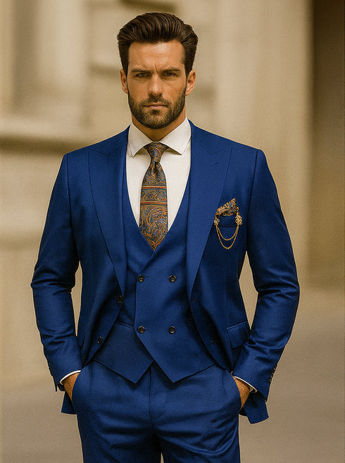 Classic Royal Blue Suit with Chain Detail – Groom & Formal Wear