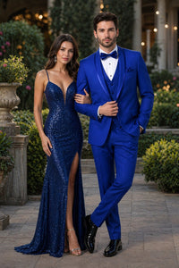 Mens Royal Blue Tuxedo - Men's Vested Satin Trim Shawl Wedding & Prom Royal Blue Tuxedo