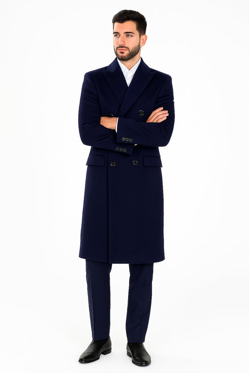 Mens Full Length Wool and Cashmere Overcoat - Winter Topcoats - Blue Coat