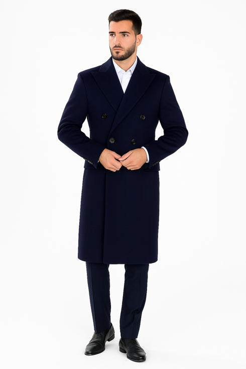 Mens Full Length Wool and Cashmere Overcoat - Winter Topcoats - Blue Coat