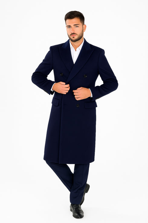 Mens Full Length Wool and Cashmere Overcoat - Winter Topcoats - Blue Coat