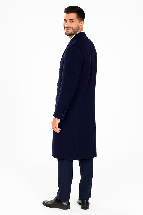Mens Full Length Wool and Cashmere Overcoat - Winter Topcoats - Blue Coat