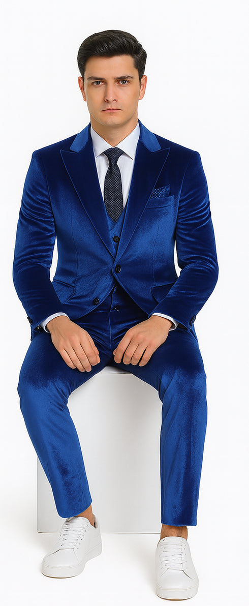 Men’s Royal Blue Velvet Peak Lapel Suit – 2-Piece Skinny Fit Designer Formalwear by Tazzio