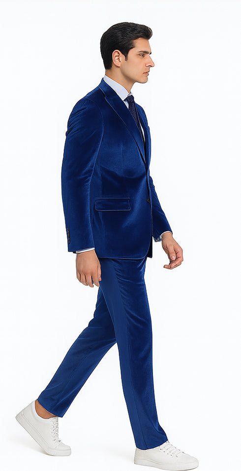 Men’s Royal Blue Velvet Peak Lapel Suit – 2-Piece Skinny Fit Designer Formalwear by Tazzio