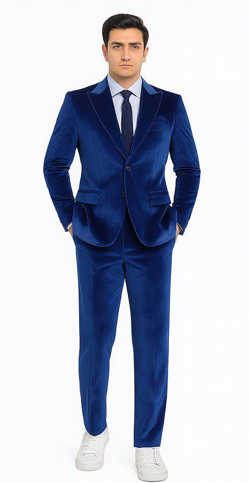Men’s Royal Blue Velvet Peak Lapel Suit – 2-Piece Skinny Fit Designer Formalwear by Tazzio
