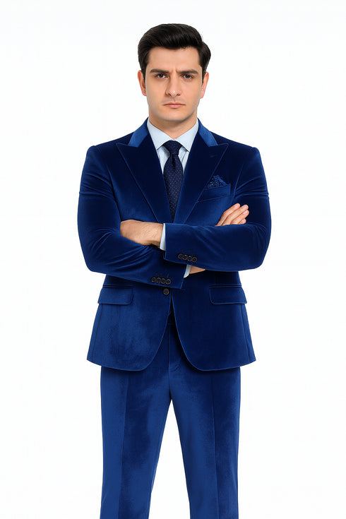 Men’s Royal Blue Velvet Peak Lapel Suit – 2-Piece Skinny Fit Designer Formalwear by Tazzio
