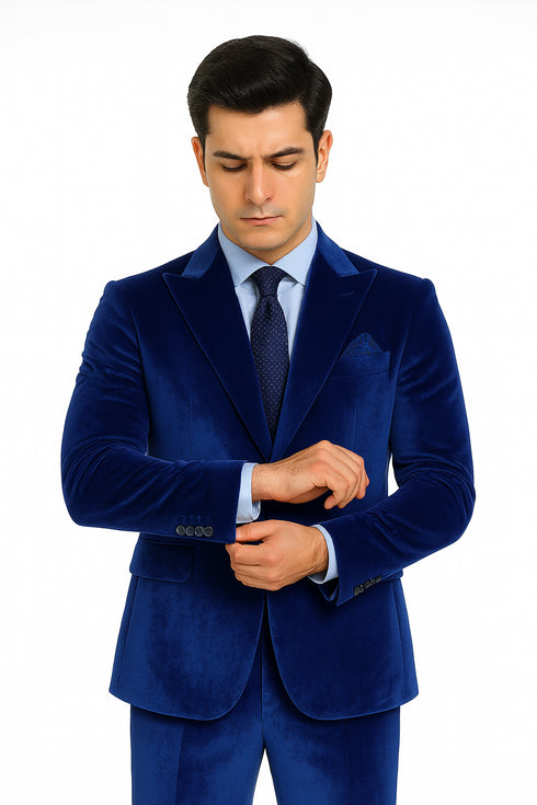 Men’s Royal Blue Velvet Peak Lapel Suit – 2-Piece Skinny Fit Designer Formalwear by Tazzio