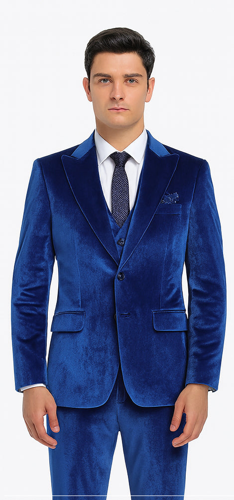 Men’s Royal Blue Velvet Peak Lapel Suit – 2-Piece Skinny Fit Designer Formalwear by Tazzio