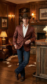 Mens Rust Light Brown Shiny Western Blazer – Cowboy Style Formal Sport Coat Jacket in Copper Color Slim Fitted