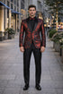 Mens Paisley Velvet Foil Smoking Jacket Tuxedo in Red