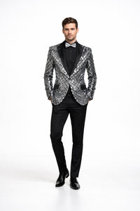 Mens Silver ~ Black 1 Button Peak Lapel Slim Fit Sequin Shiny